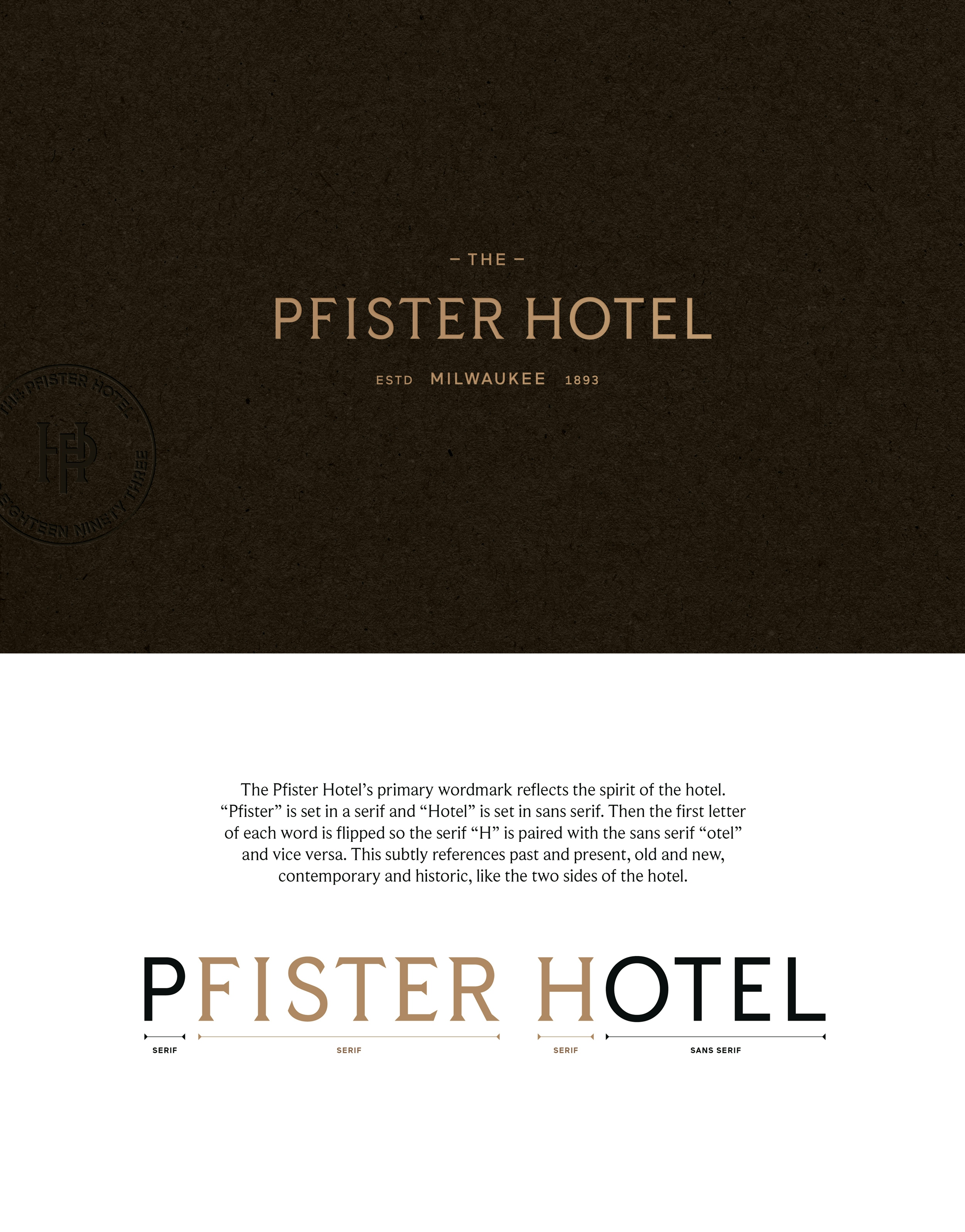 The Pfister logo, along with a diagram showcasing how serif and sans typography is paired in reference to the building’s architecture