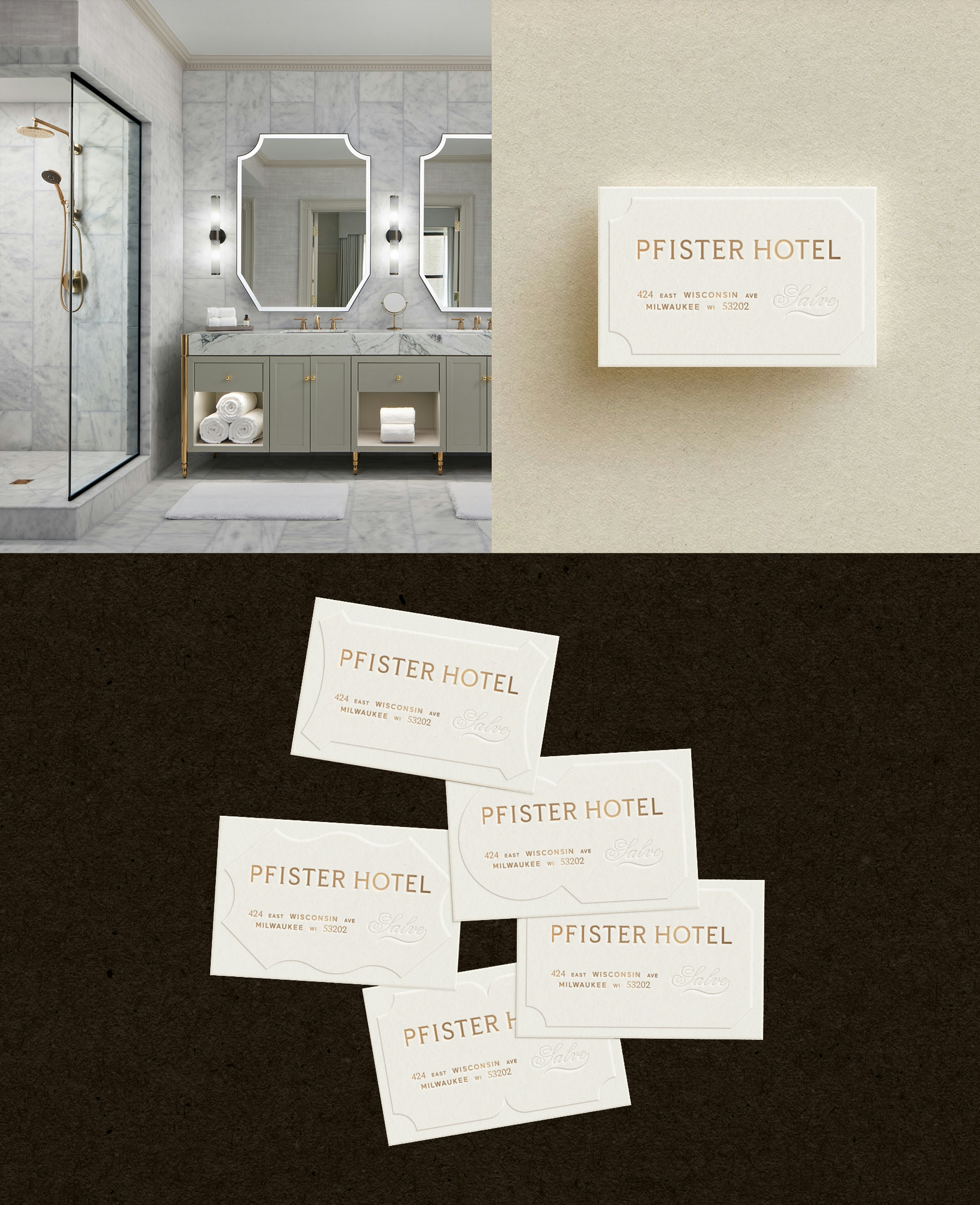 A system of geometric shapes—show applied to business cards—reference architectural details of the rooms