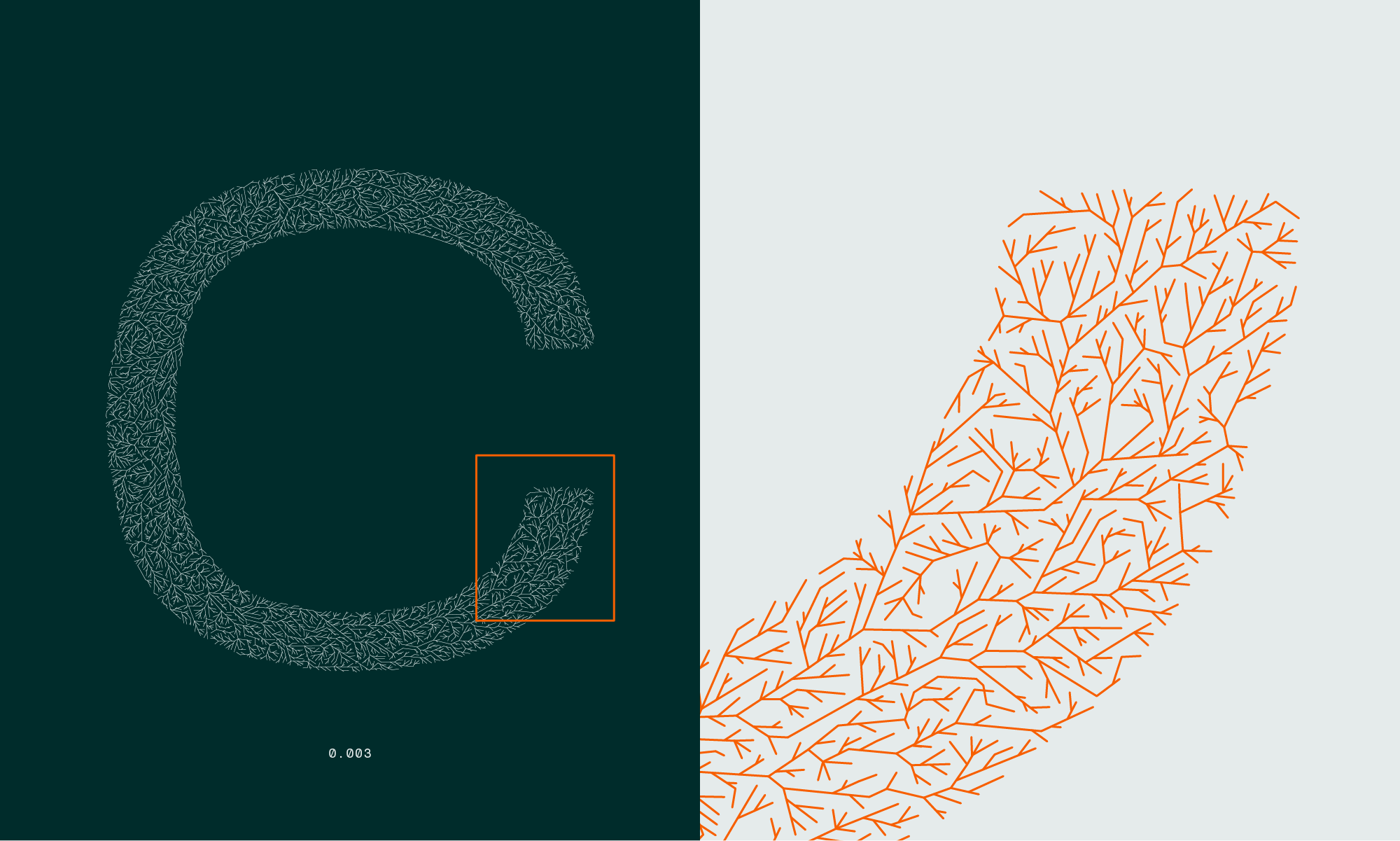 A view of a branched letter C, including a close-up detail of the branching forms