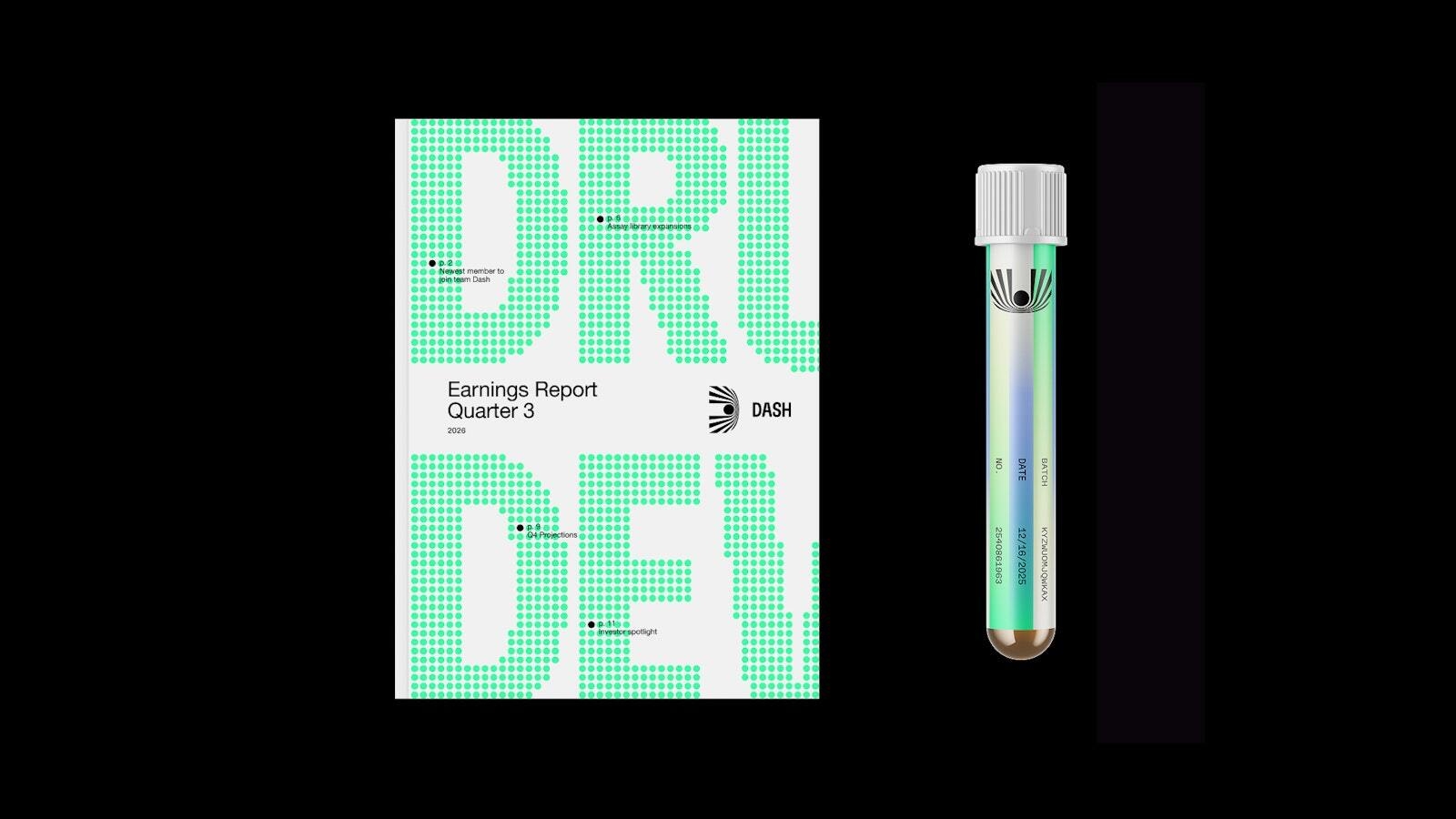 Dash Bio branding applied to a quarterly earnings report cover, as well as a test tube sample vial