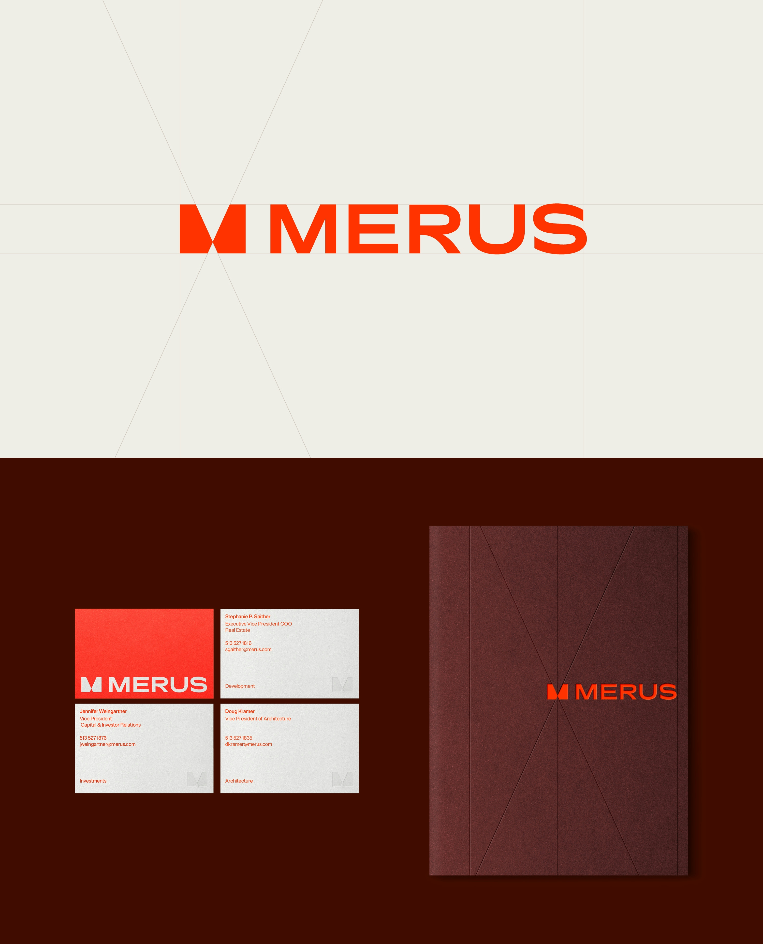 A diagram showcasing the construction of the Merus logo; as well as examples of the logo applied to business cards and a high-end folder