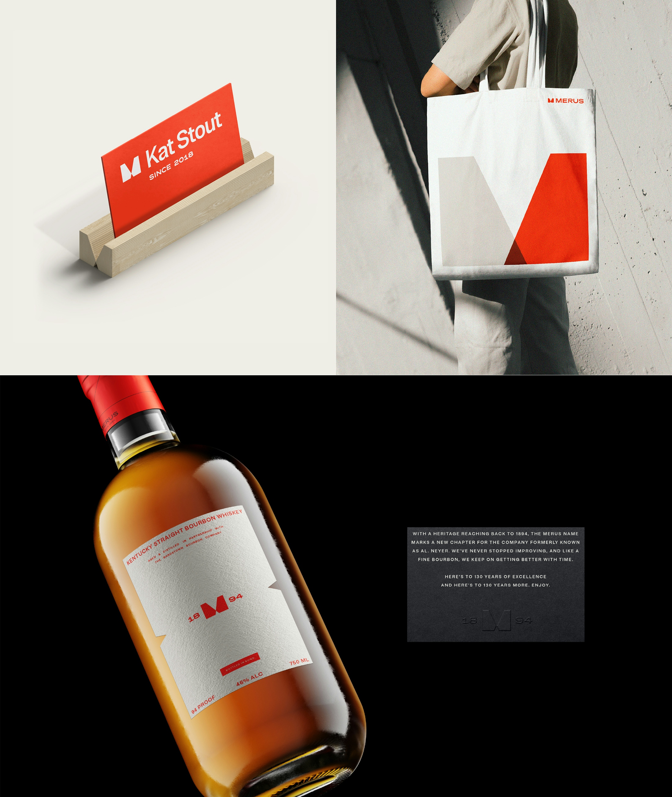 Merus swag including a business card holder, tote bag, and branded whiskey