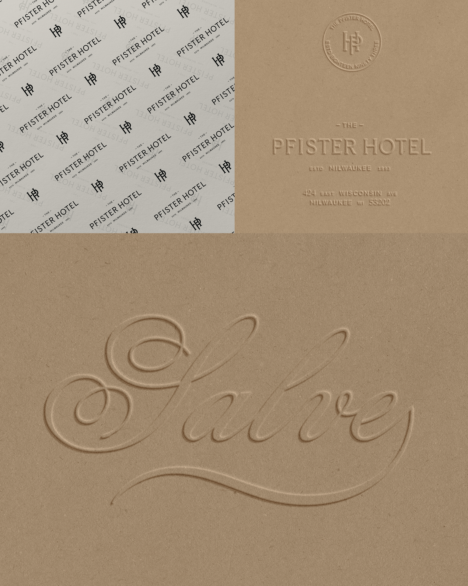 Images of hotel collateral, including a detail of “salve”—language found throughout the property meaning “welcome”