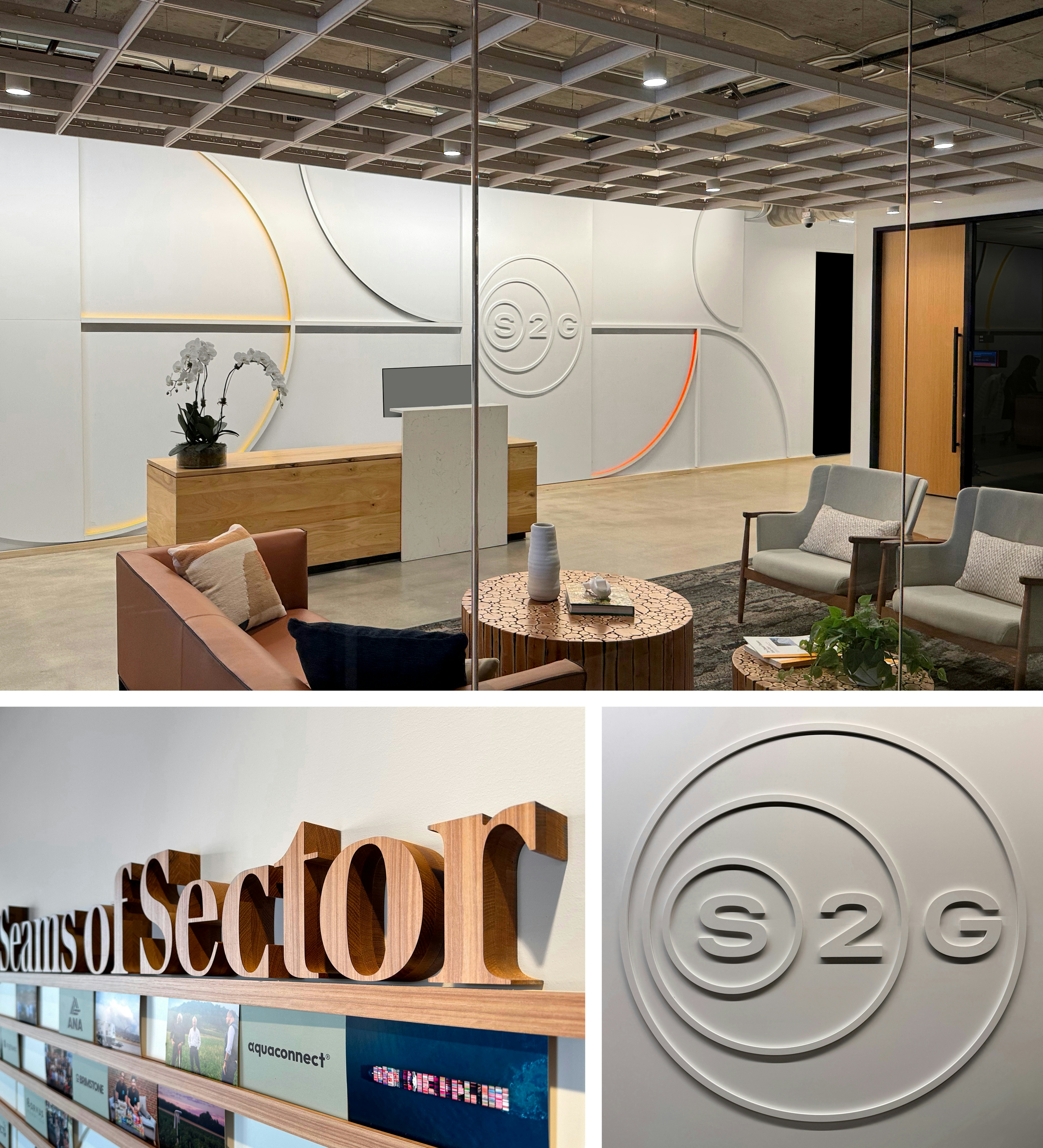 Views of the S2G office, highlighting dimensional application of the brand