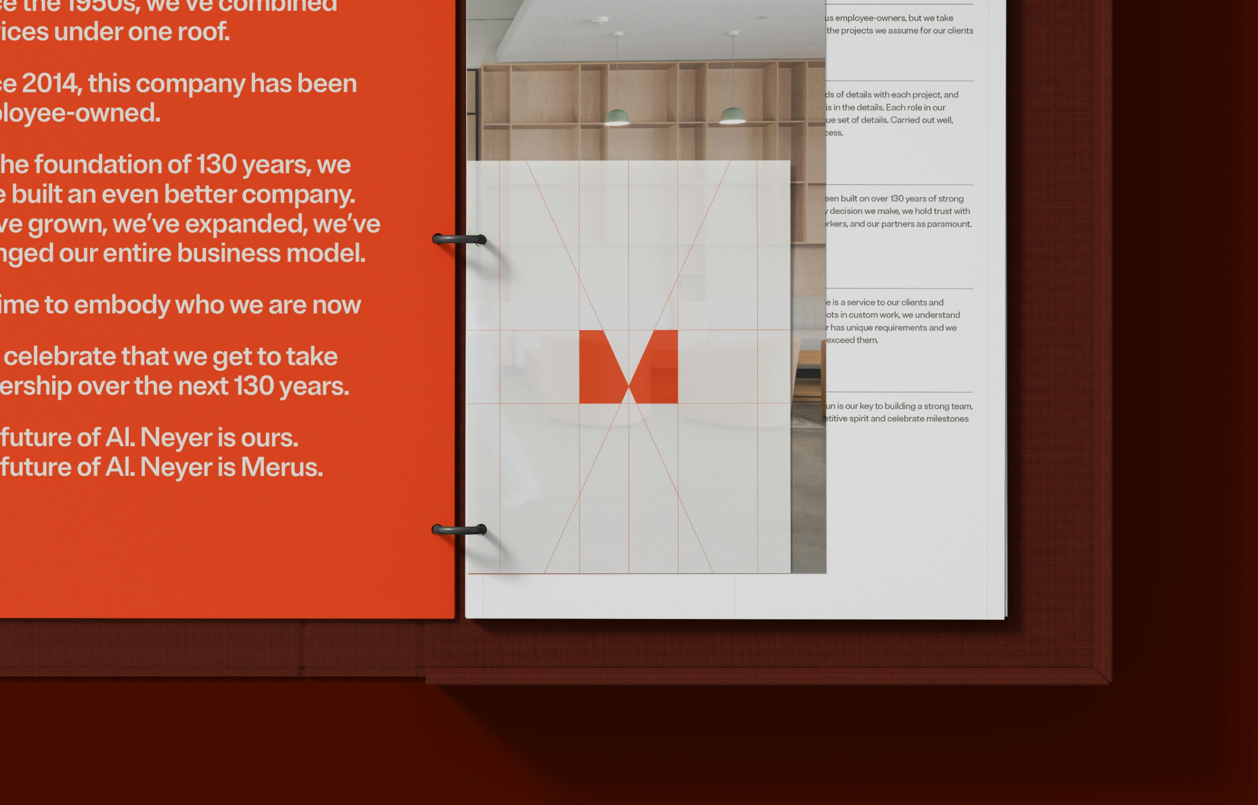 The Merus logomark shown on top of a stack of collateral