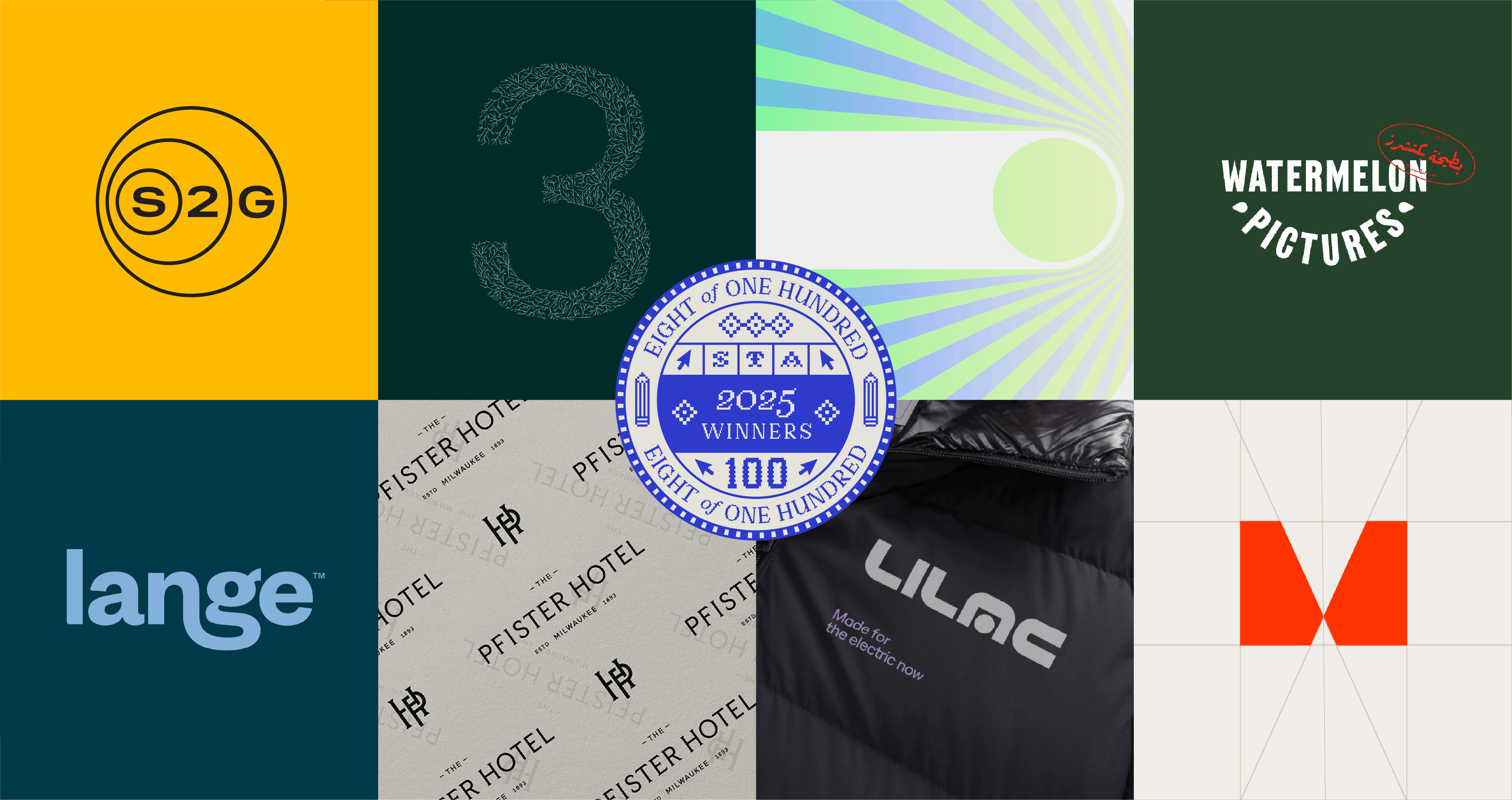 Image of the our work for S2G, Dash, Watermelon Pictures, Lange, the Pfister Hotel, Lilac, and Merus, as well as our experimental branching typeface, underneath the STA 100 awards badge.